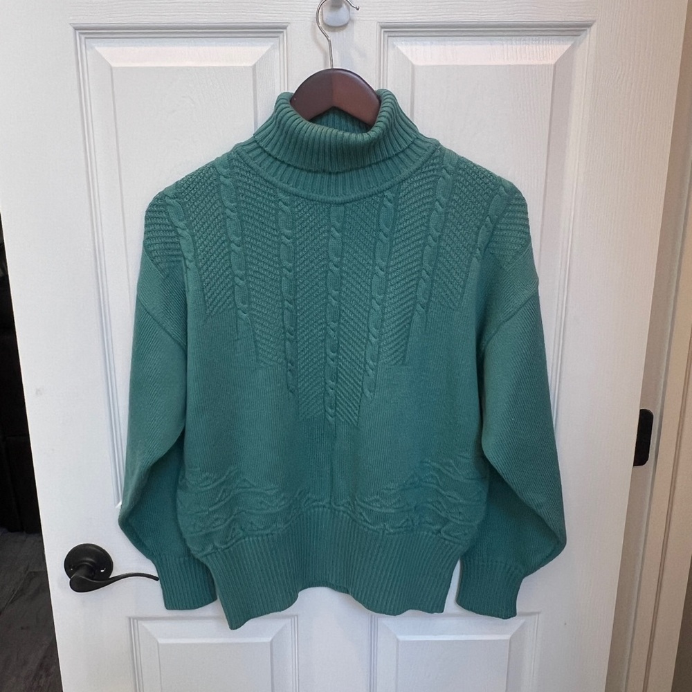 Vintage Bogner Teal Wool/Acrylic Cable Knit Turtleneck Sweater LIKE NEW Sz M - Picture 3 of 10